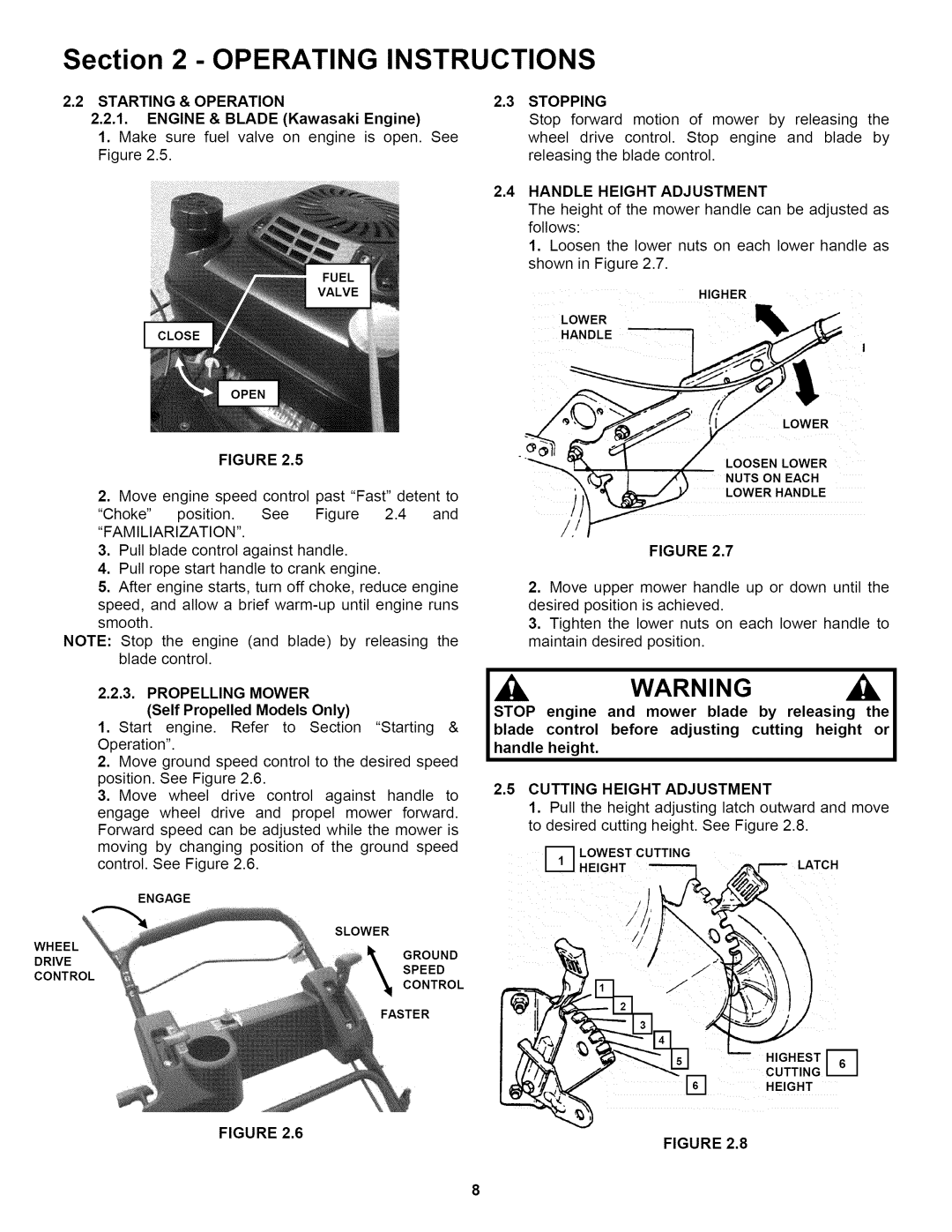 Snapper 216518B Starting & Operation Stopping, Handle Height Adjustment, Propelling Mower, Cutting Height Adjustment 