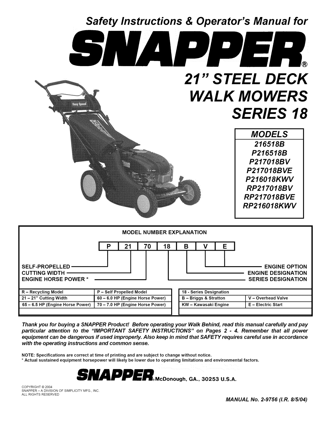 Snapper P216518B important safety instructions Steel Deck Walk Mowers Series, Safety Instructions & Operators Manual for 