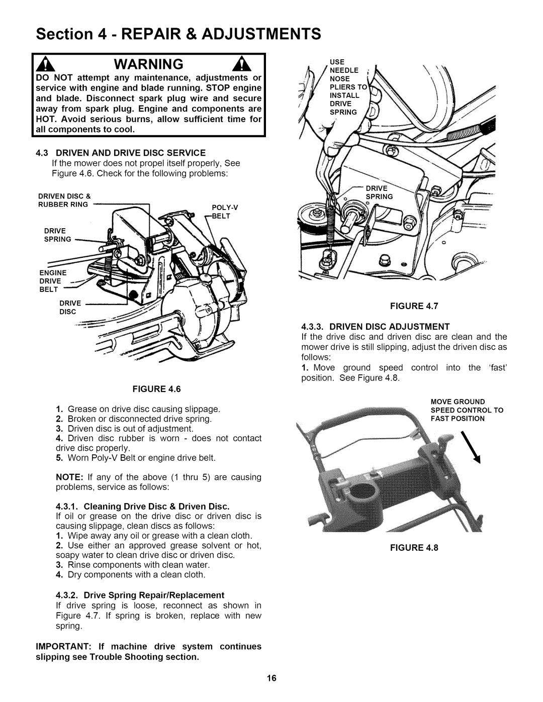 Snapper P216518B important safety instructions Repair & Adjustments 