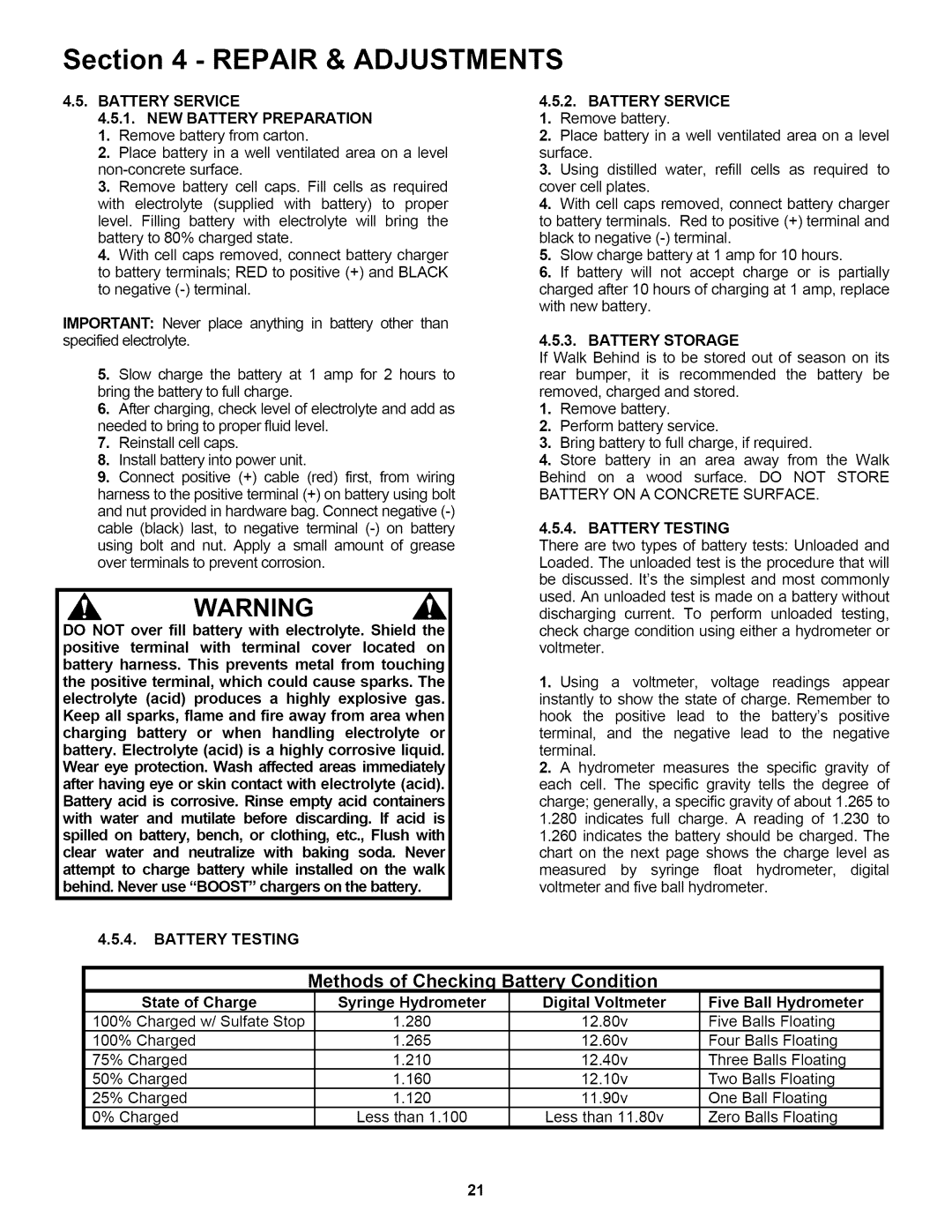 Snapper P216518B important safety instructions Repair & Adjustments, Methods, of Checkin,q, Battery Condition 