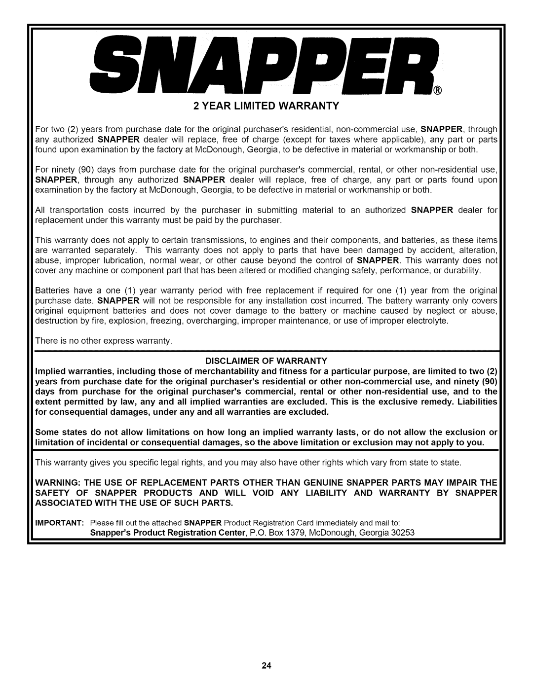 Snapper P216518B important safety instructions Year Limited Warranty 