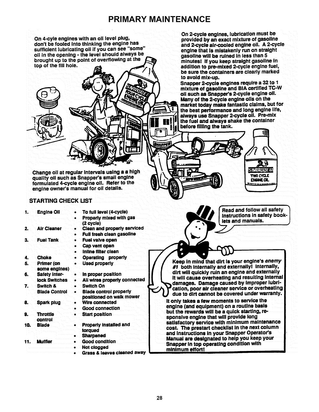Snapper P216518B important safety instructions Primary Maintenance, Starting Check Ust 