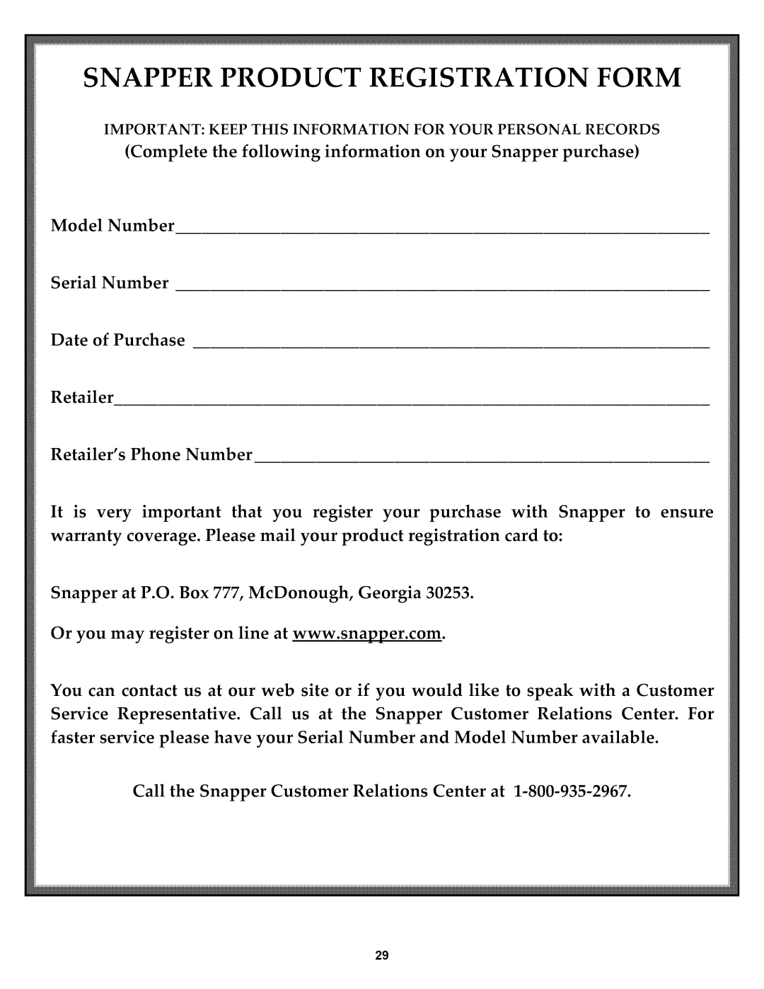 Snapper P216518B important safety instructions Snapper Product Registration Form 