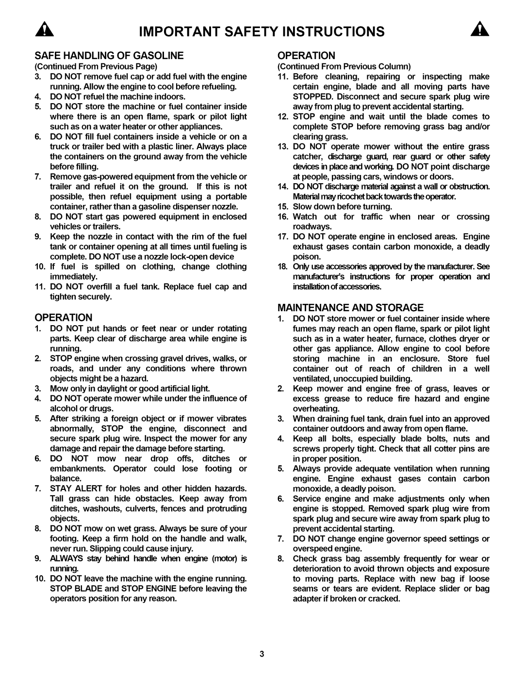 Snapper P216518B Important Safety Instructions, Safe Handling Of Gasoline, Operation, Maintenance And Storage 