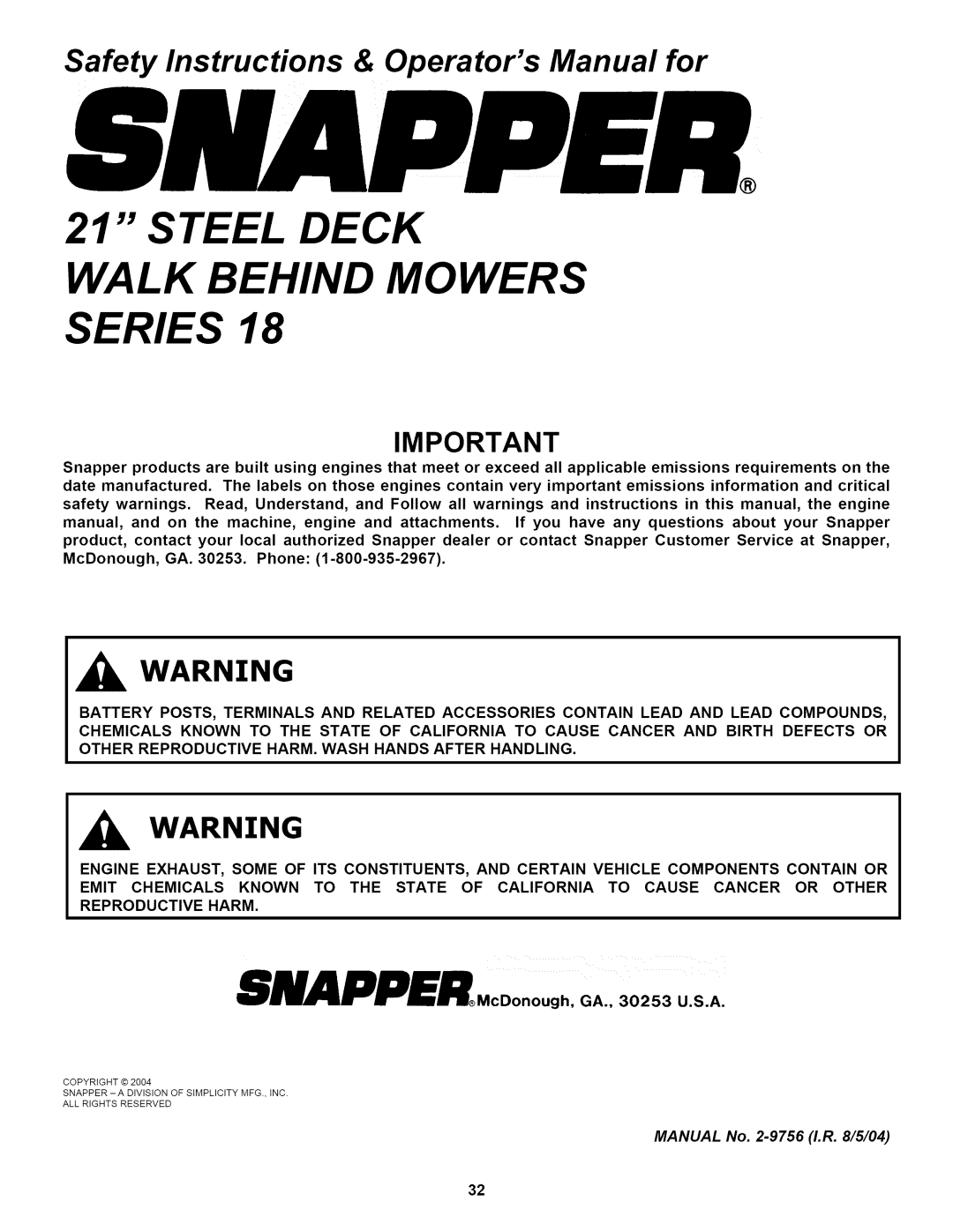 Snapper P216518B Steel Deck Walk Behind Mowers Series, Safety Instructions & Operators Manual for 