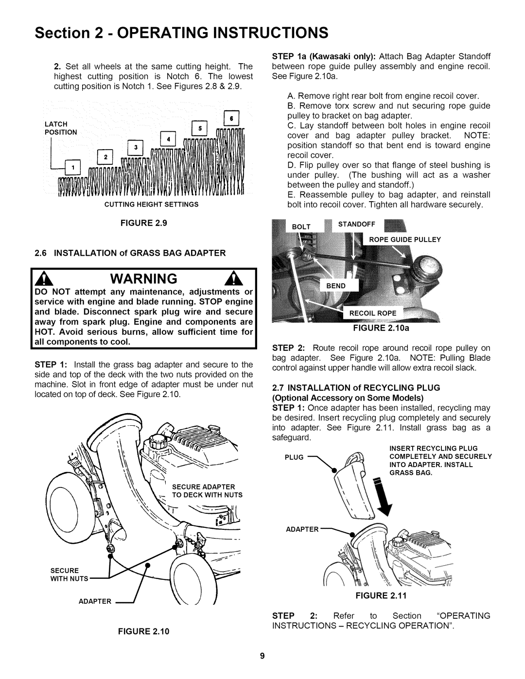 Snapper P216518B Operatinginstructions, 6INSTALLATION of GRASS BAG ADAPTER, Figure, 10a, INSTALLATION of RECYCLING PLUG 