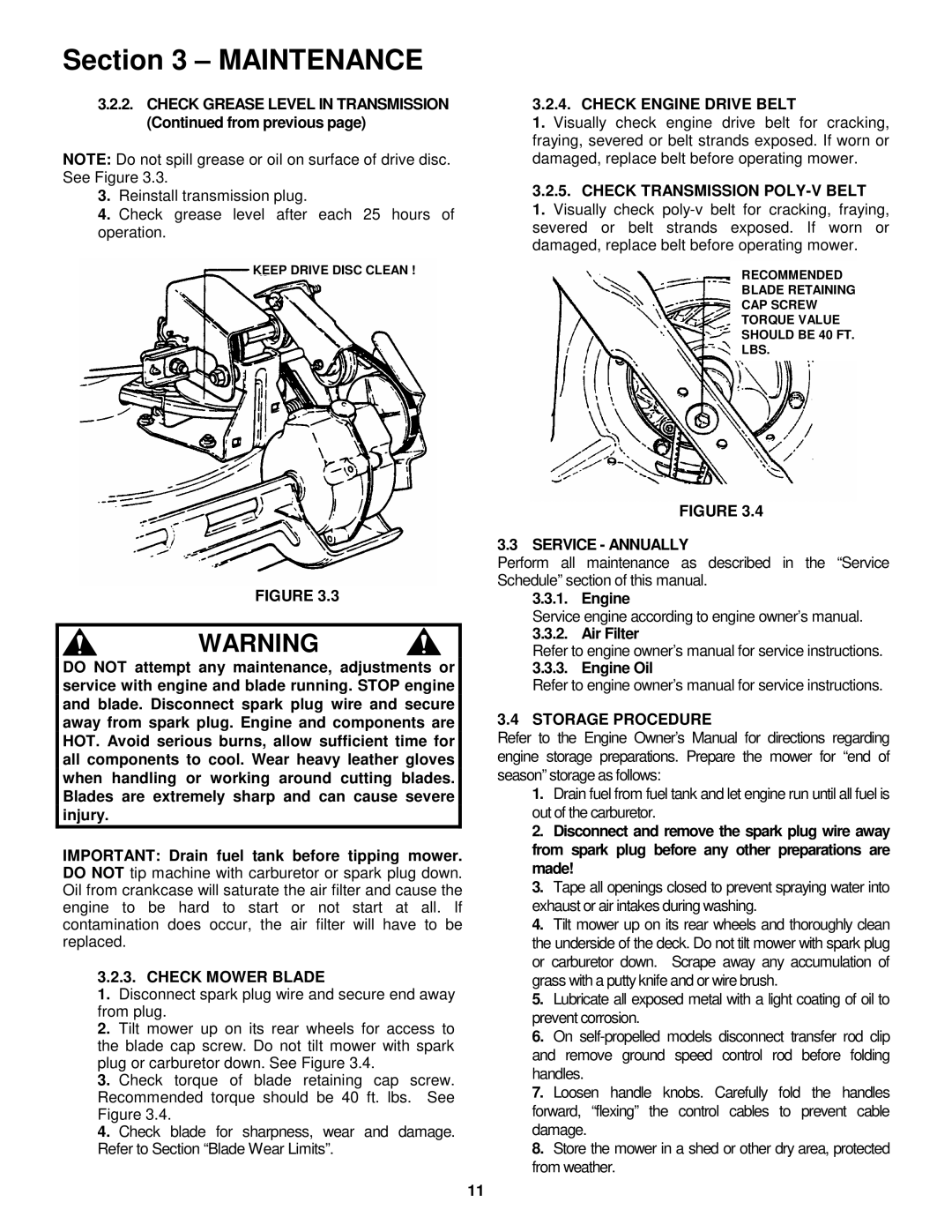 Snapper Check Mower Blade, Check Engine Drive Belt, Check Transmission POLY-V Belt, Service Annually, Storage Procedure 