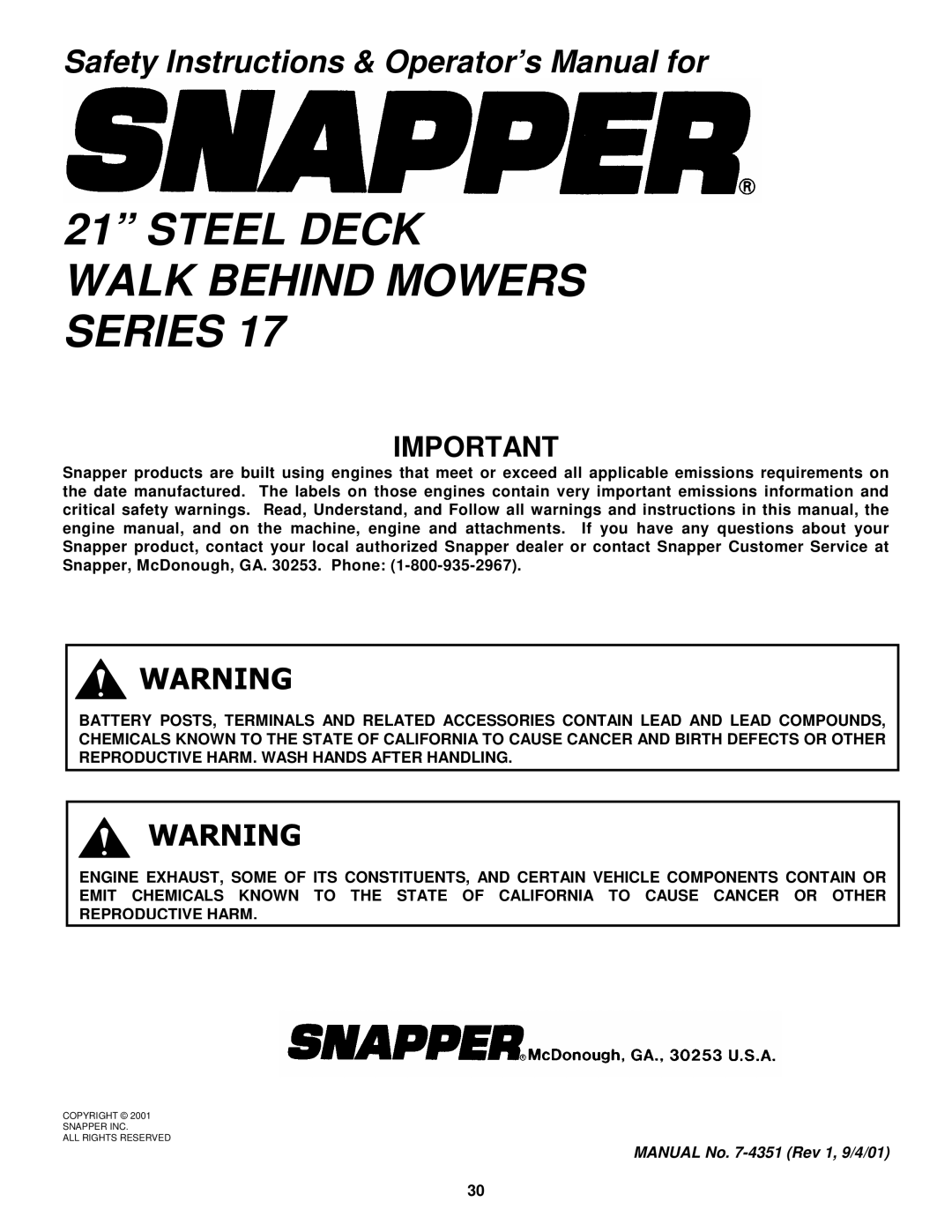 Snapper 2167517BV, P2167517BV, P2167517BVE, WP2167517BV important safety instructions Steel Deck Walk Behind Mowers Series 