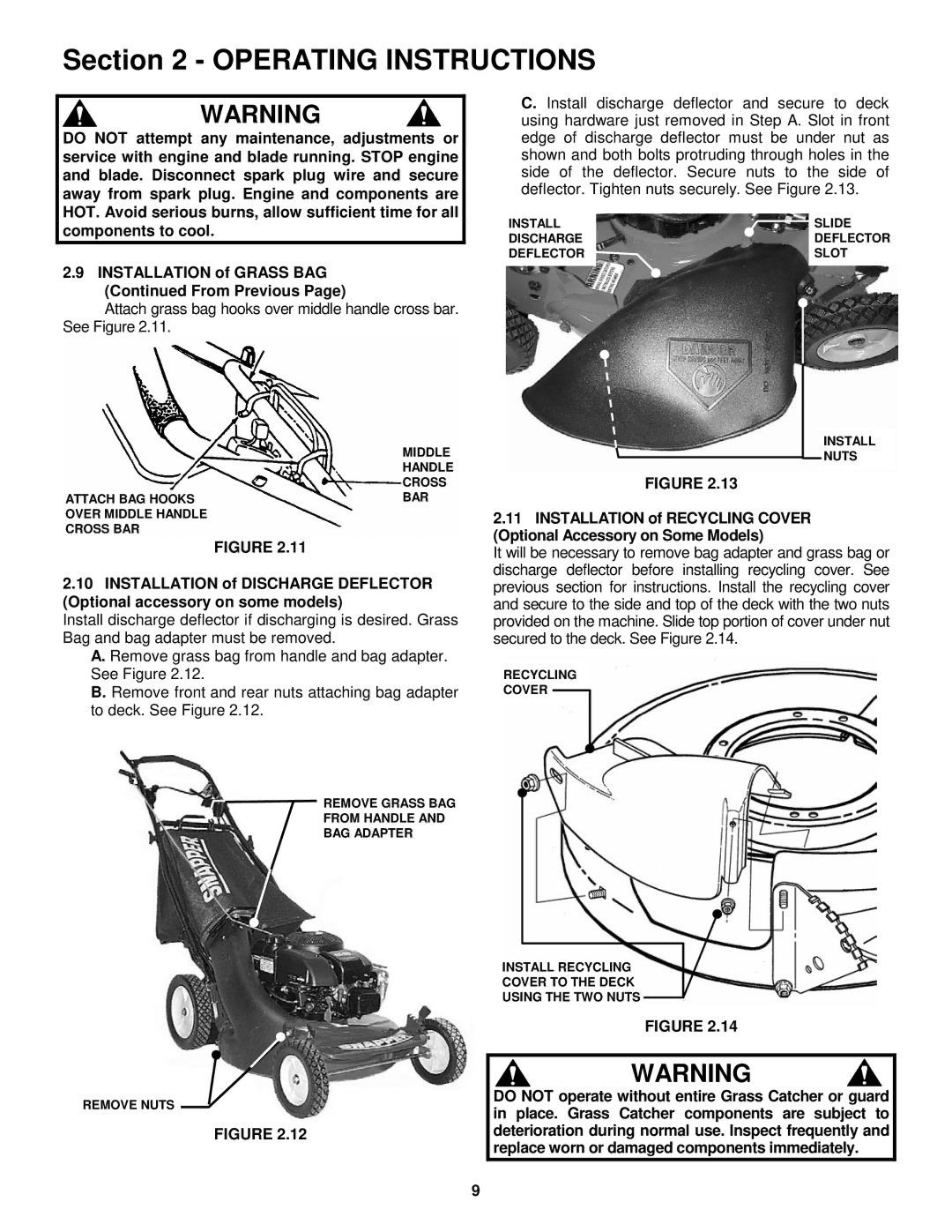 Snapper important safety instructions Installation of Recycling Cover, Optional Accessory on Some Models 