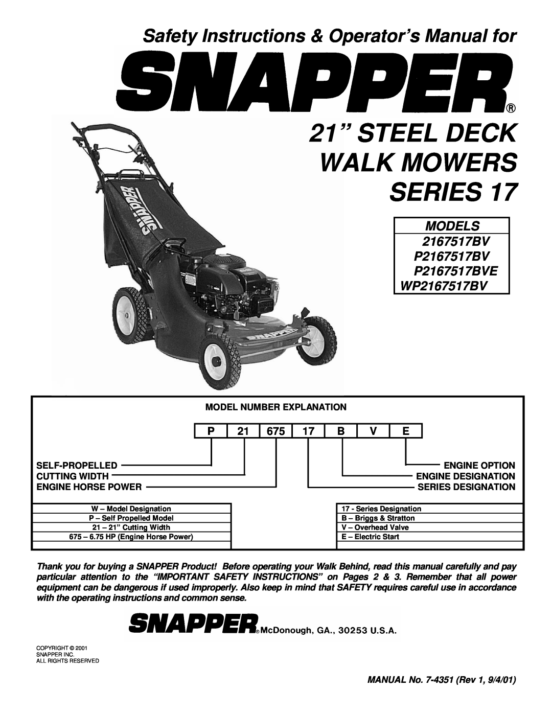 Snapper important safety instructions 21” STEEL DECK WALK MOWERS SERIES, Safety Instructions & Operator’s Manual for 