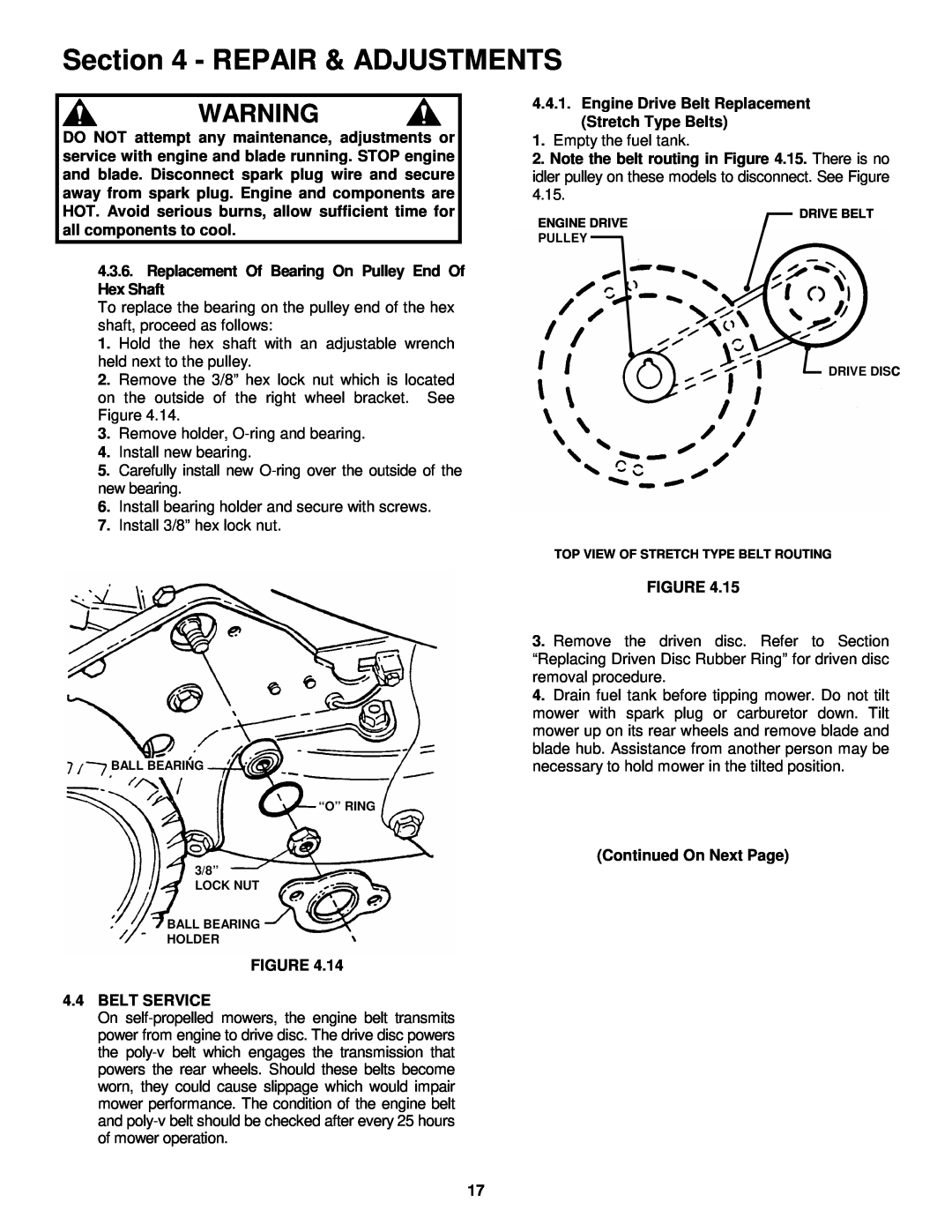 Snapper important safety instructions Repair & Adjustments, Remove holder, O-ring and bearing 4. Install new bearing 