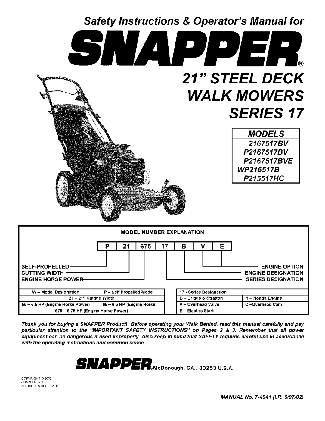 Snapper P2167517BVE, WP216517B important safety instructions Steel Deck Walk Mowers Series, Model Number Explanation 