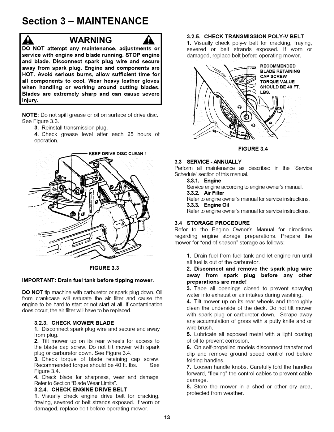 Snapper P2167517BVE Check Mower Blade, Check Engine Drive Belt, Check Transmission POLY-V Belt, Storage Procedure 