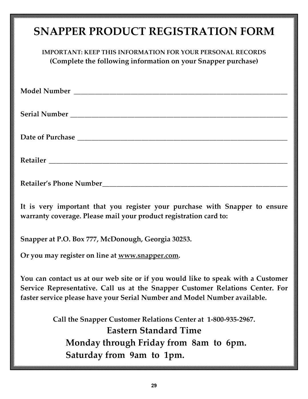 Snapper P2167517BVE, WP216517B important safety instructions Snapper Product Registration Form 