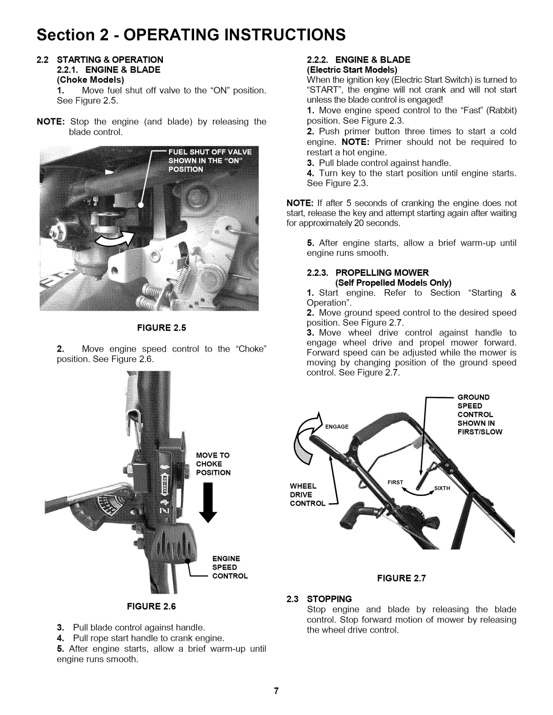 Snapper WP216517B, P2167517BVE Starting & Operation 2.2.1. Engine & Blade, Propelling Mower, Stopping 