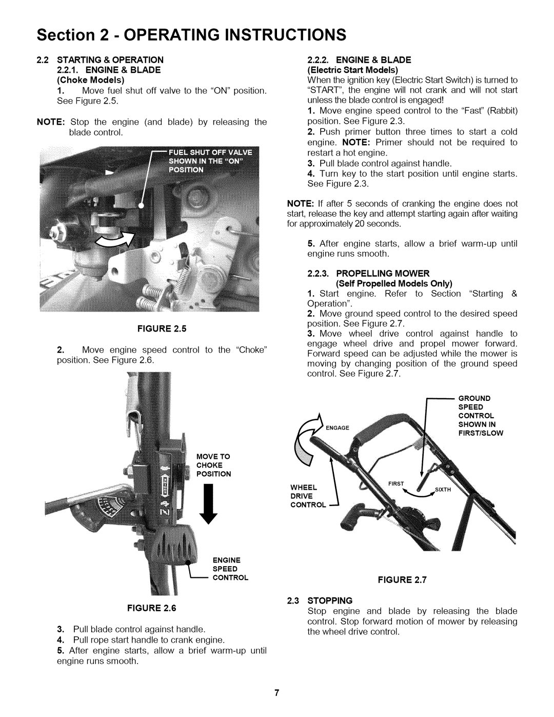 Snapper WP216517B Operating Instructions, 2.2STARTING & OPERATION 2.2.1. ENGINE & BLADE, Choke Models, Figure, 3STOPPING 