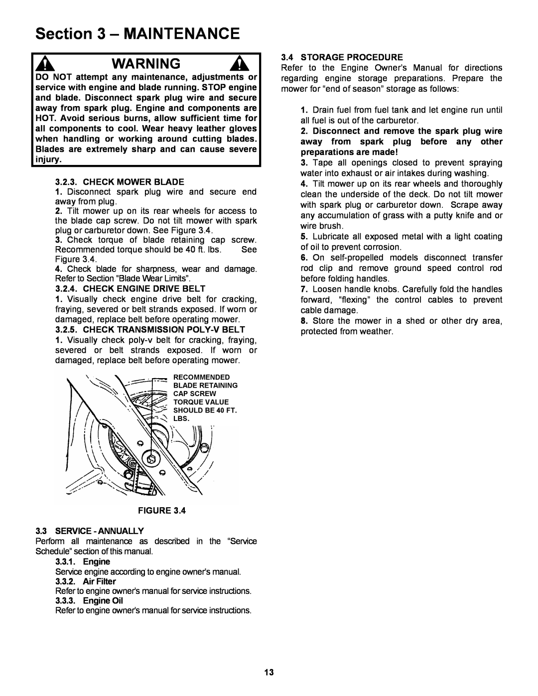 Snapper 2167519B, P2167519B, P217019BV, P217019BVE, P216019KWV important safety instructions Maintenance, Check Mower Blade 