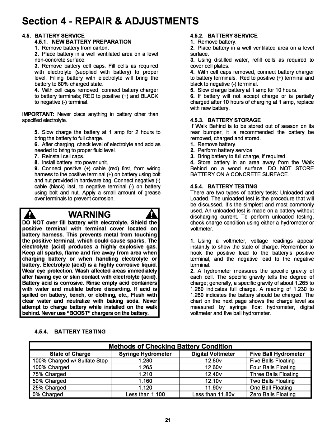 Snapper 2167519B, P2167519B, P217019BV, P217019BVE, P216019KWV Repair & Adjustments, Methods of Checking Battery Condition 