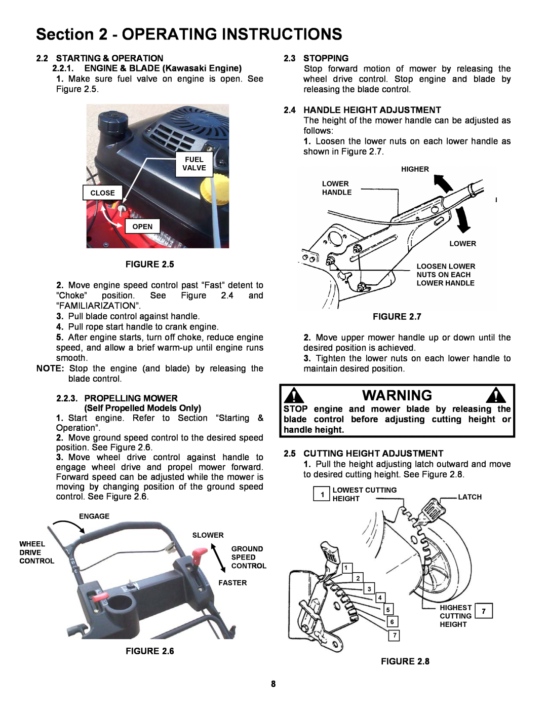 Snapper 2167519B, P2167519B, P217019BV, P217019BVE, P216019KWV Operating Instructions, Stopping, Handle Height Adjustment 