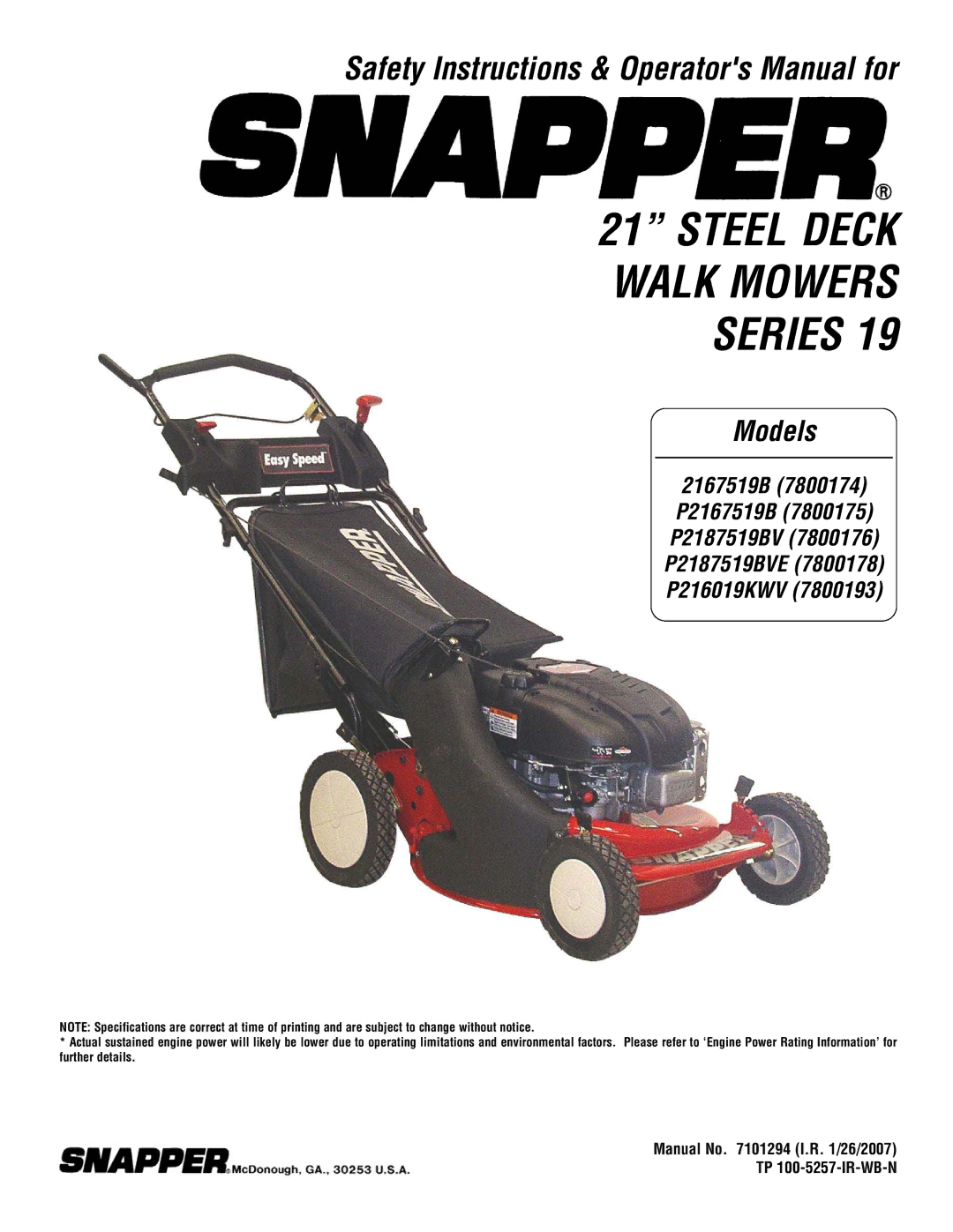 Snapper 2167519B specifications Steel Deck Walk Mowers Series 