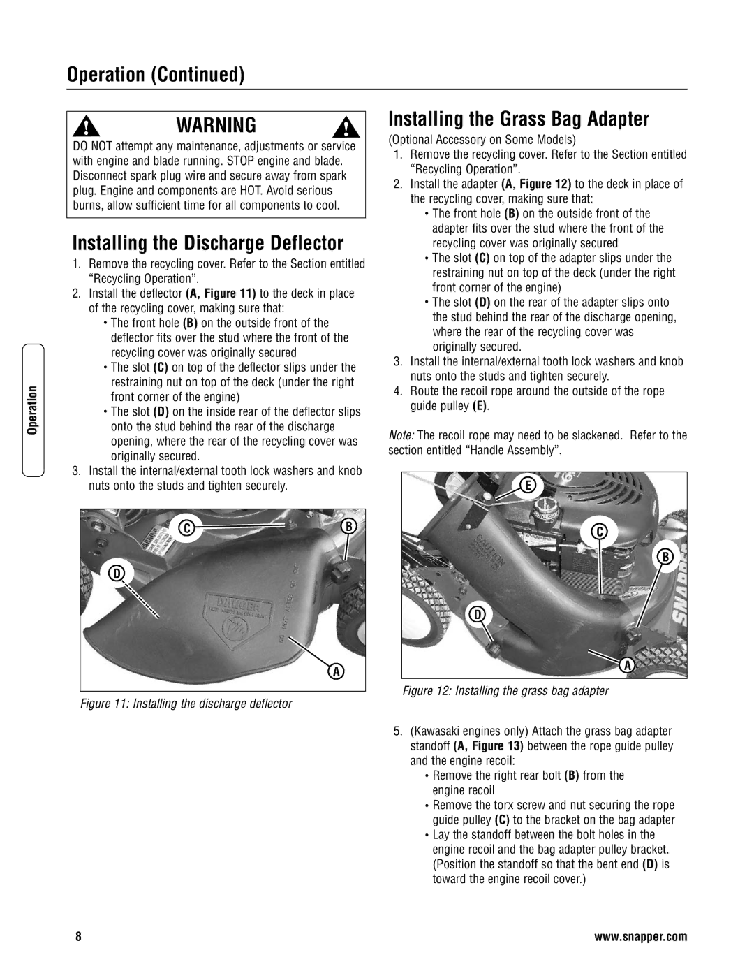 Snapper 2167519B specifications Installing the Discharge Deflector, Installing the Grass Bag Adapter 