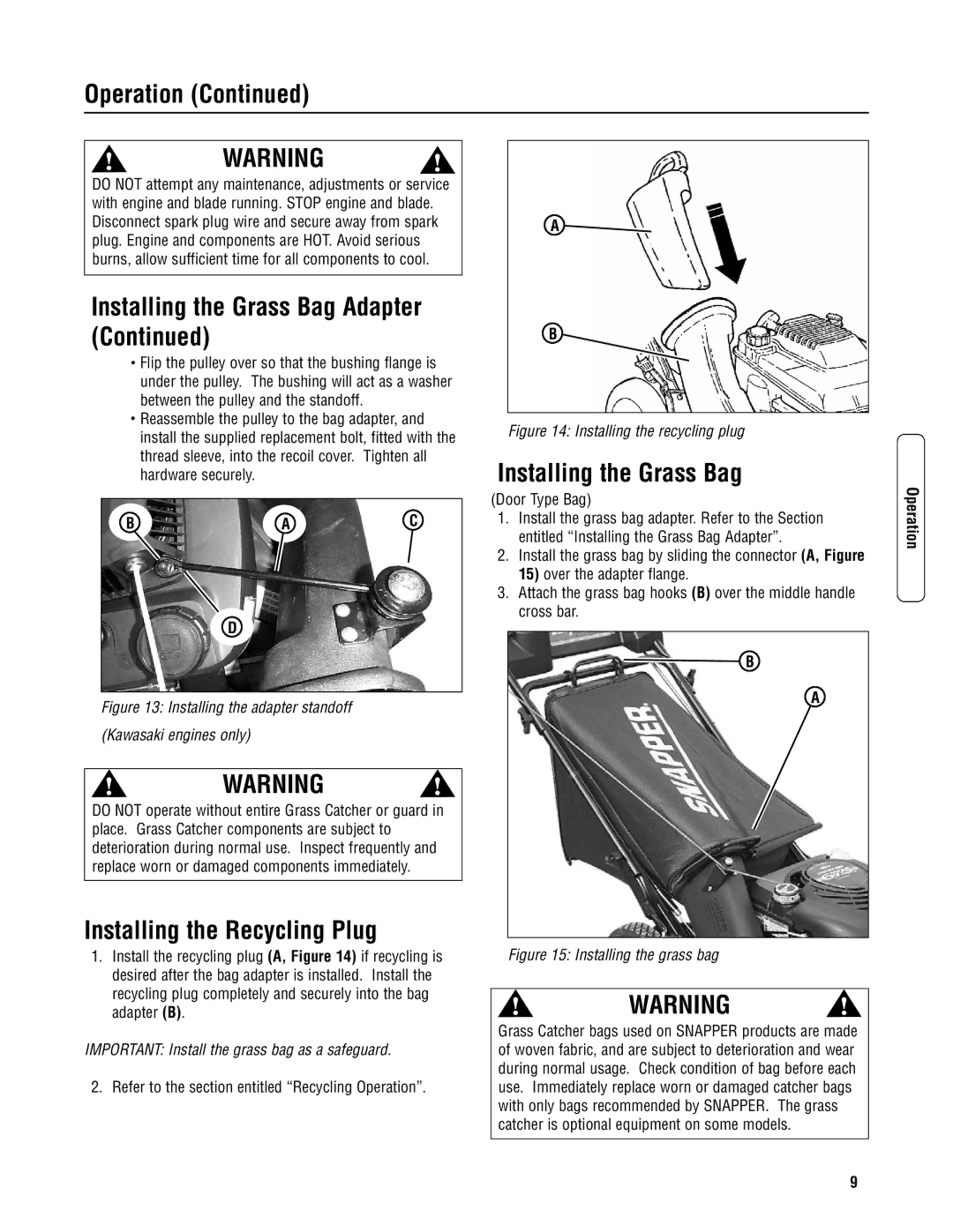 Snapper 2167519B specifications Installing the Recycling Plug, Installing the Grass Bag 