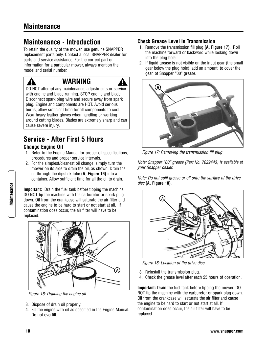 Snapper 2167519B Maintenance Maintenance Introduction, Service After First 5 Hours, Check Grease Level in Transmission 