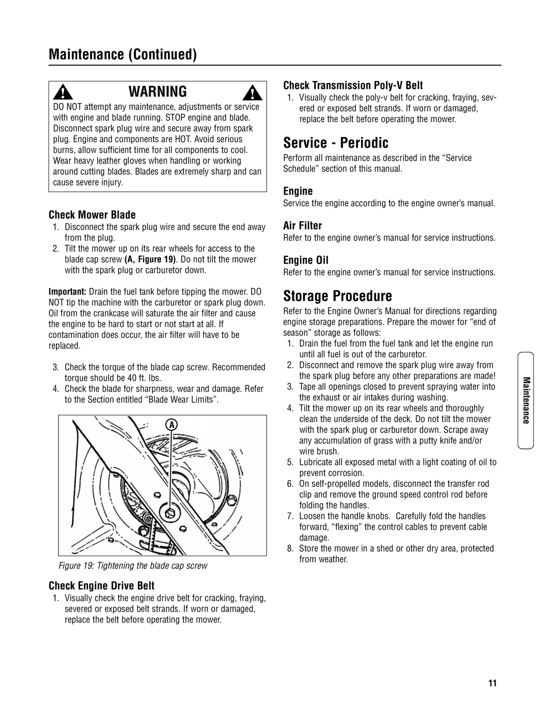 Snapper 2167519B specifications Maintenance, Service Periodic, Storage Procedure 