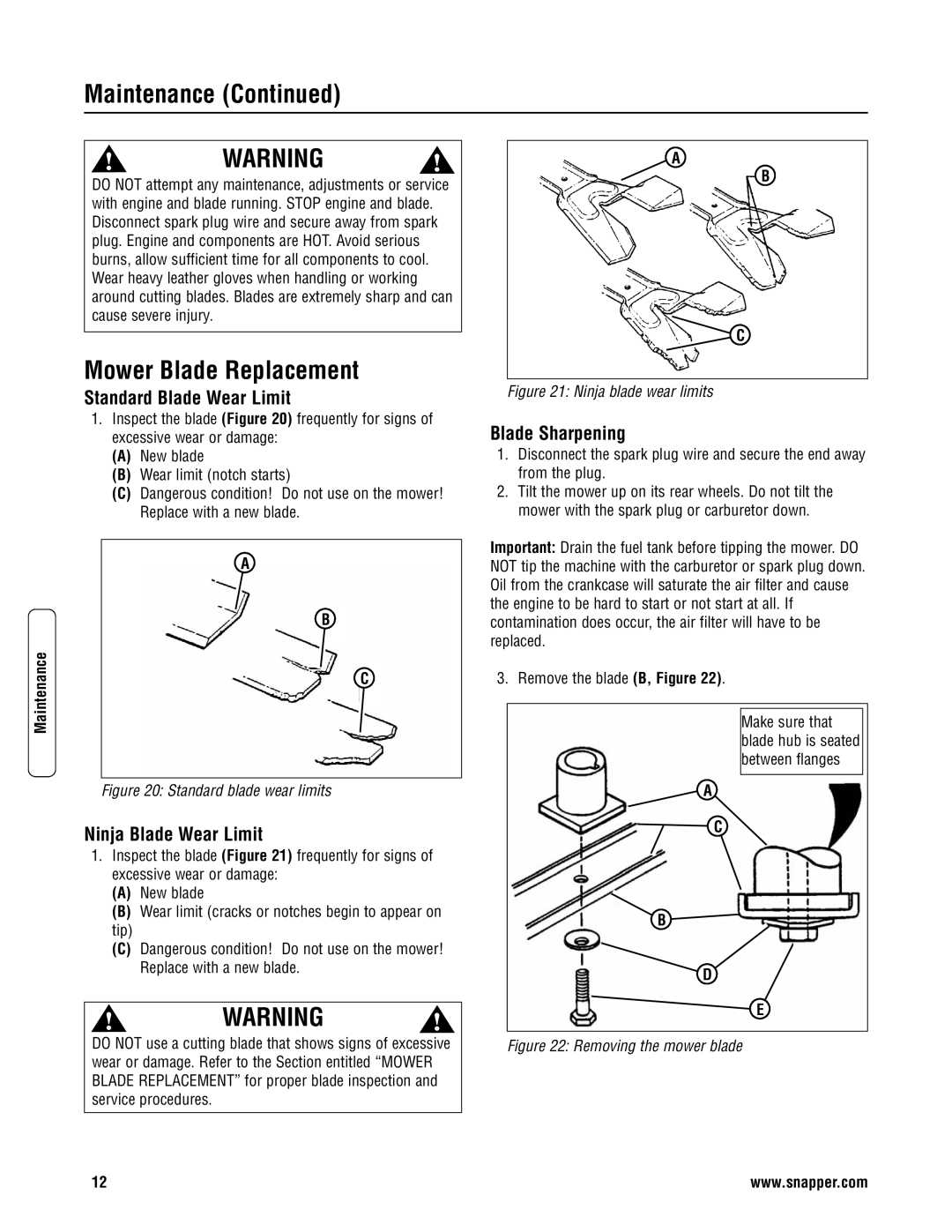 Snapper 2167519B Mower Blade Replacement, Standard Blade Wear Limit, Ninja Blade Wear Limit, Blade Sharpening 