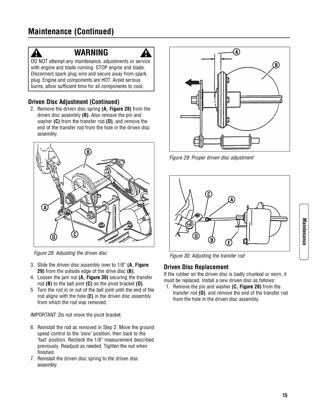 Snapper 2167519B specifications Driven Disc Replacement, Adjusting the driven disc 