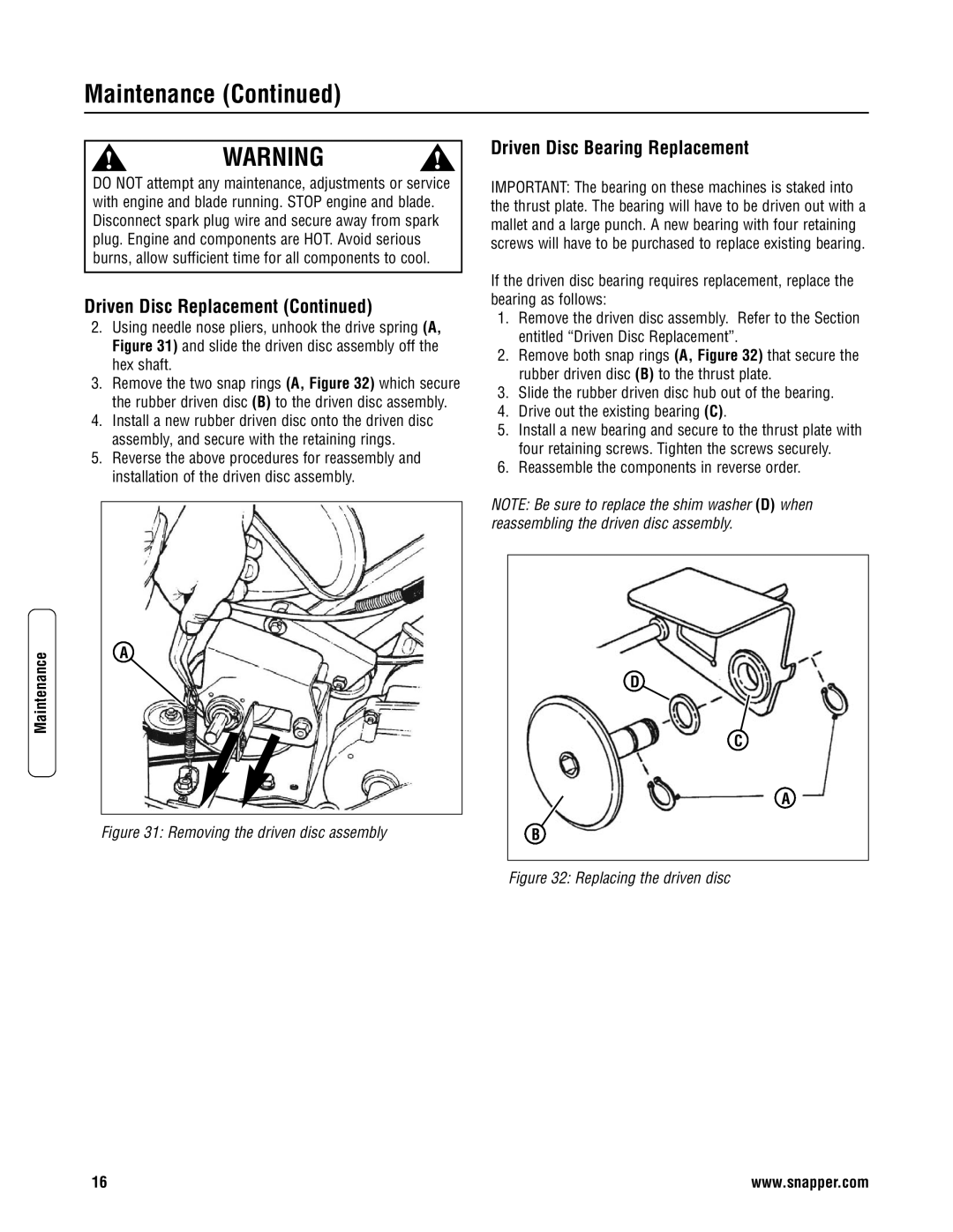 Snapper 2167519B specifications Driven Disc Bearing Replacement, Removing the driven disc assembly 