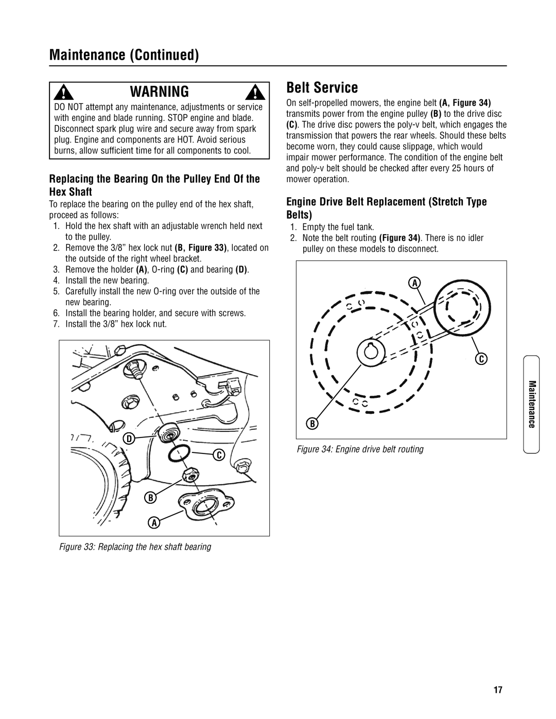 Snapper 2167519B specifications Belt Service, Replacing the Bearing On the Pulley End Of the Hex Shaft 