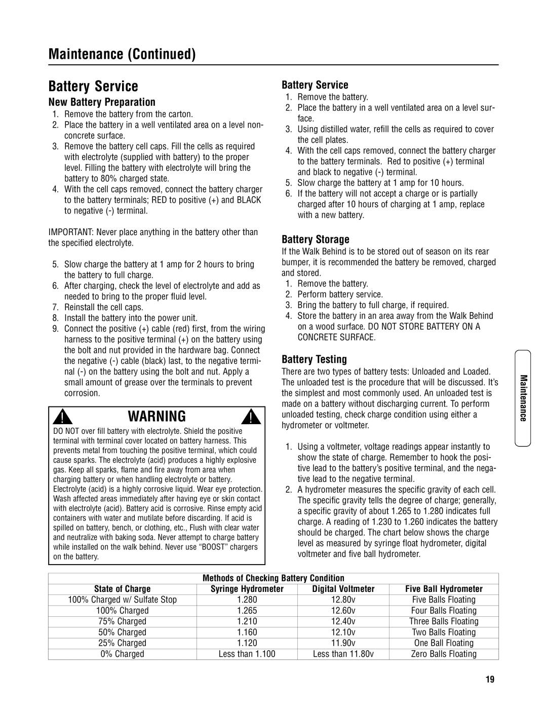 Snapper 2167519B specifications Maintenance Battery Service, New Battery Preparation, Battery Storage, Battery Testing 