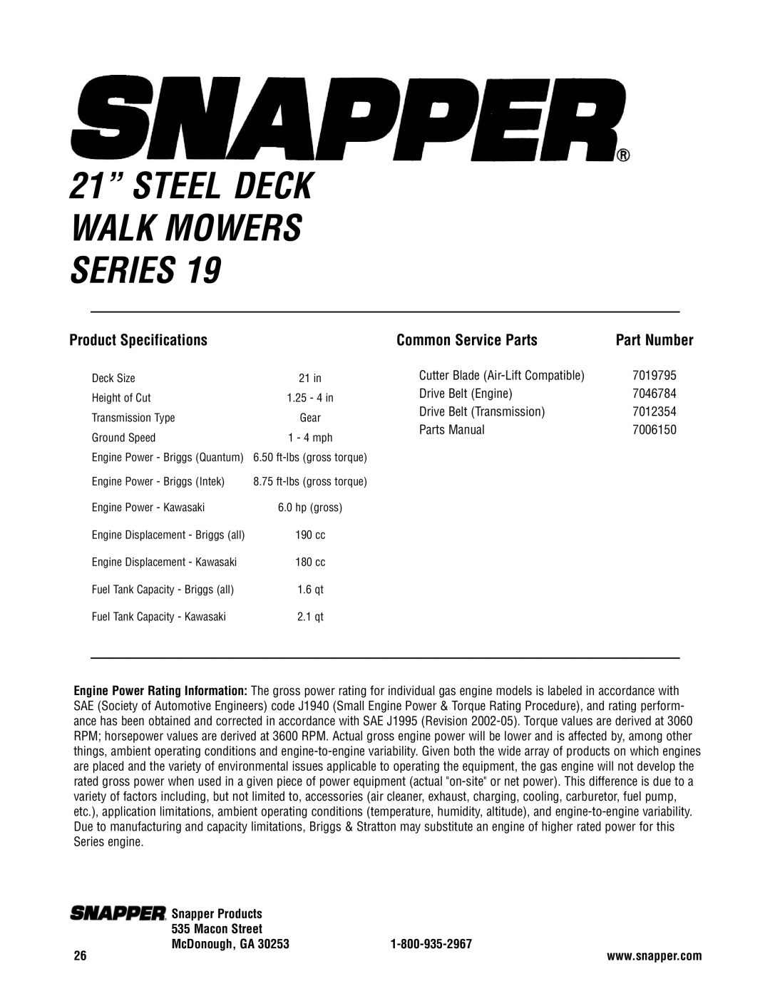 Snapper 2167519B specifications Product Specifications, Common Service Parts 