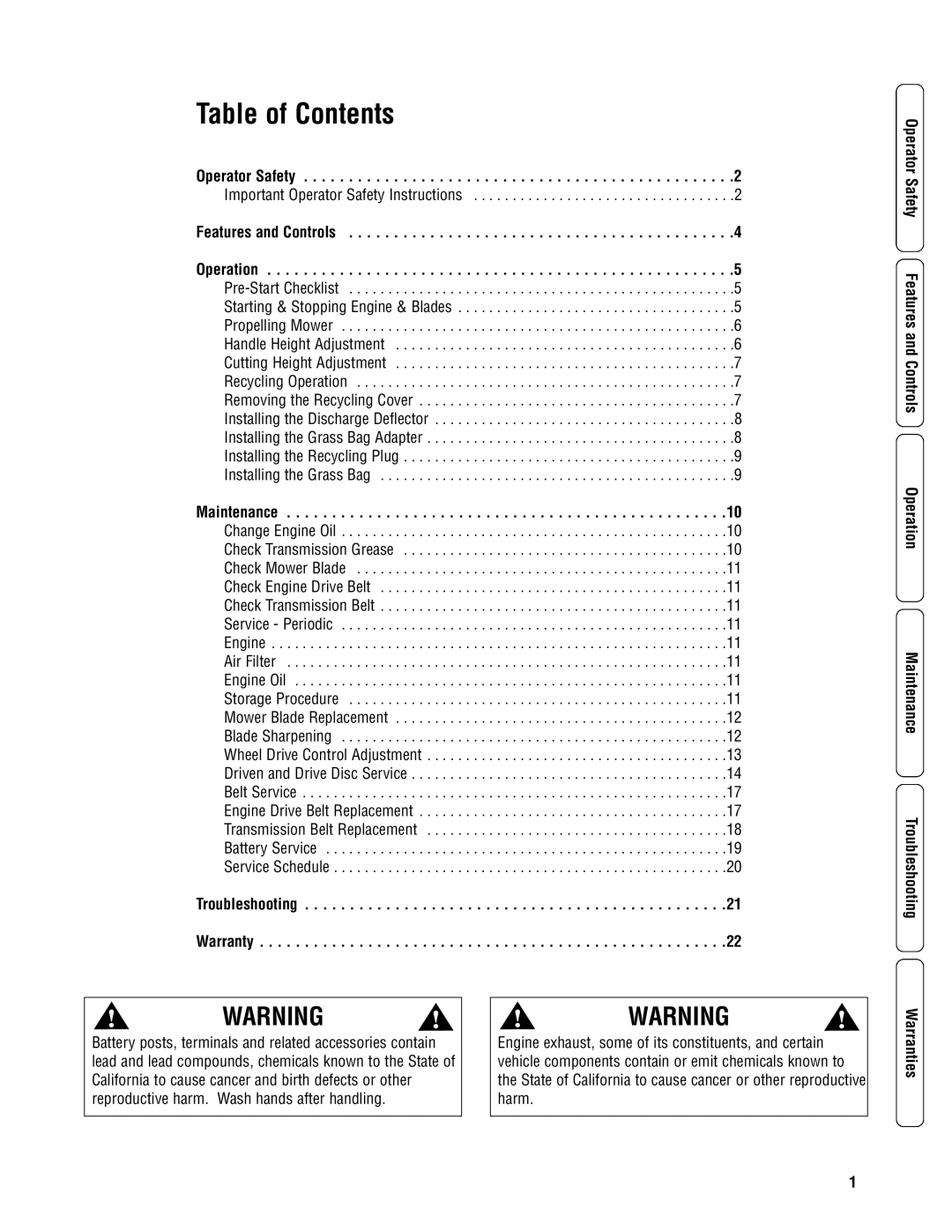 Snapper 2167519B specifications Table of Contents 