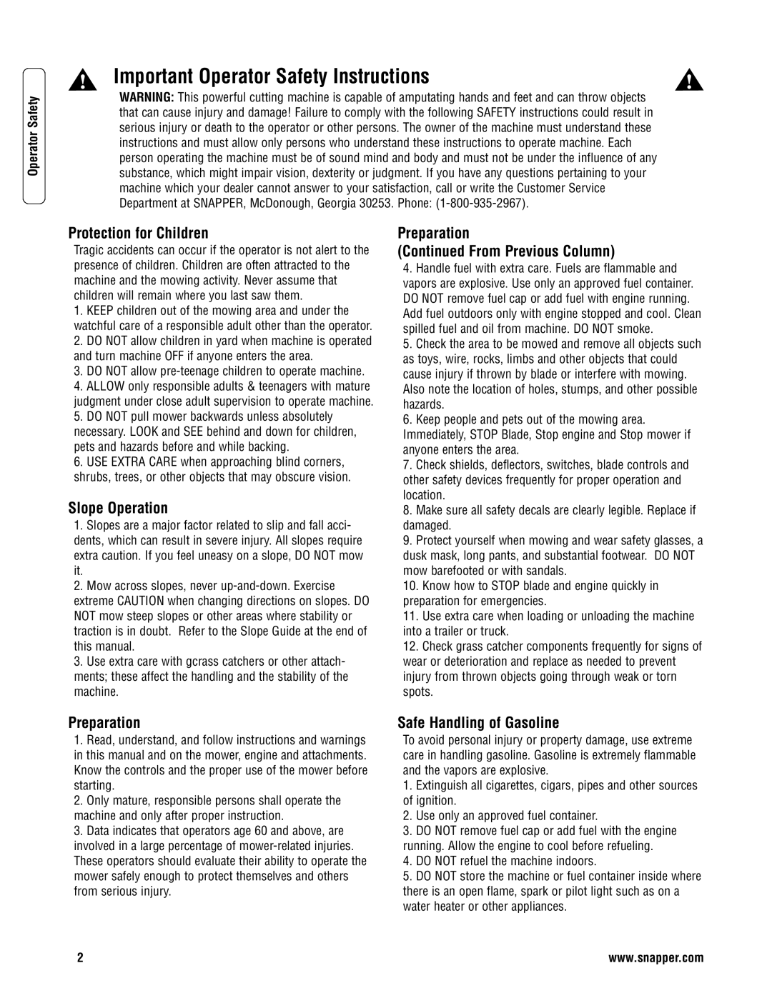 Snapper 2167519B Protection for Children, Slope Operation, Preparation From Previous Column, Safe Handling of Gasoline 