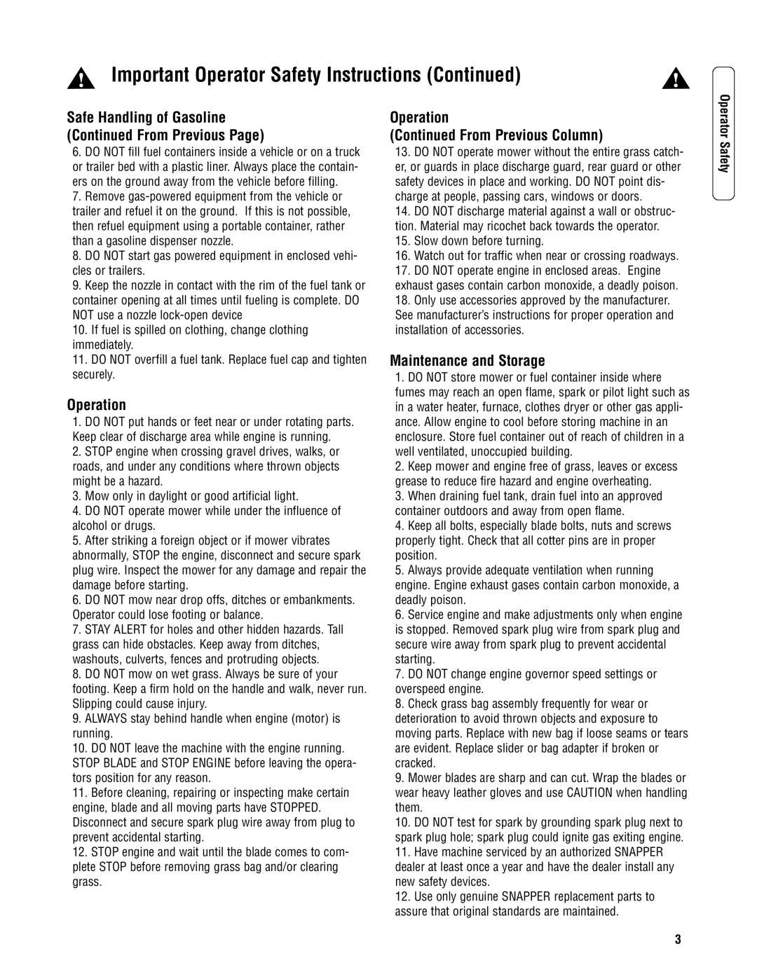 Snapper 2167519B Safe Handling of Gasoline From Previous, Operation From Previous Column, Maintenance and Storage 