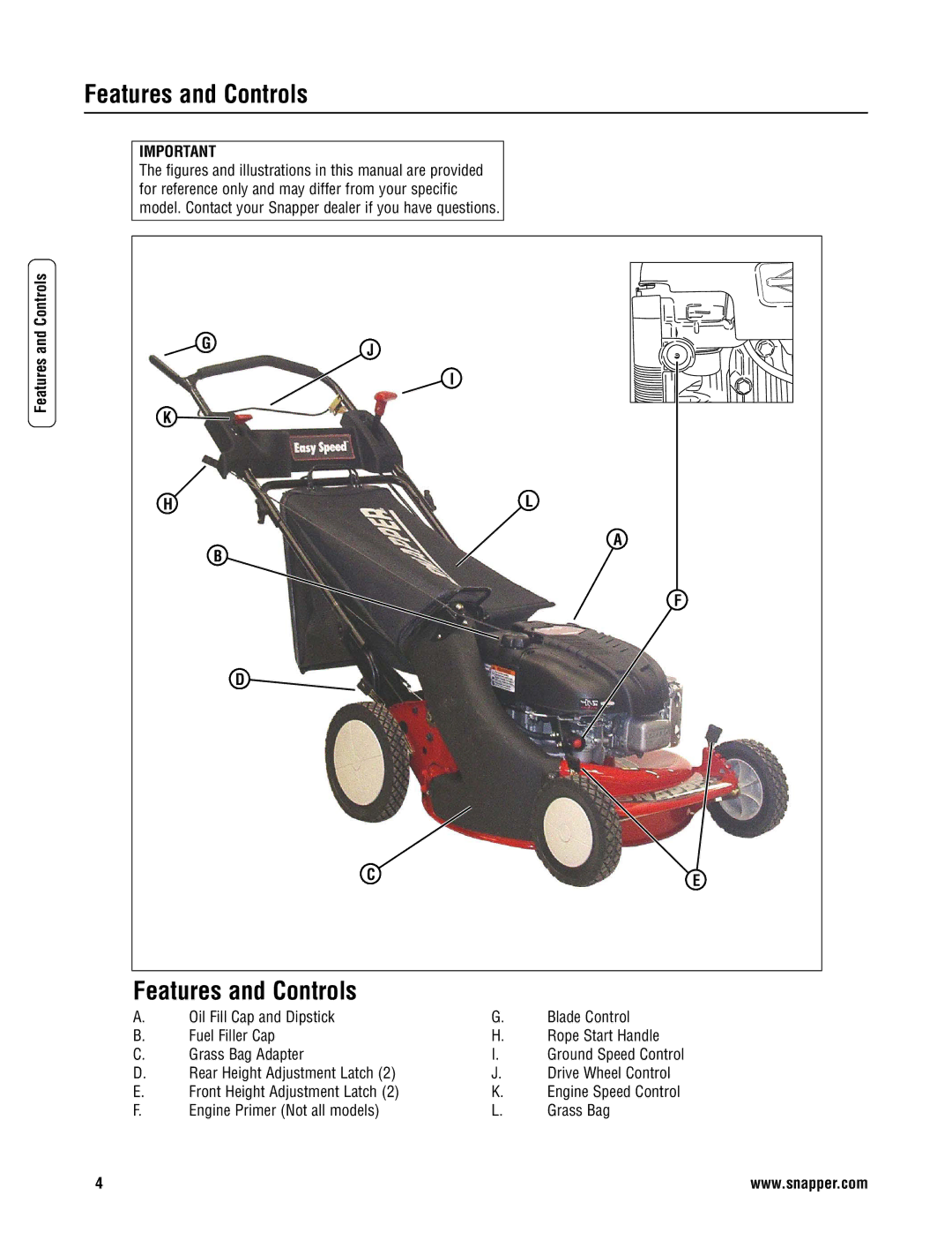 Snapper 2167519B specifications Features and Controls 