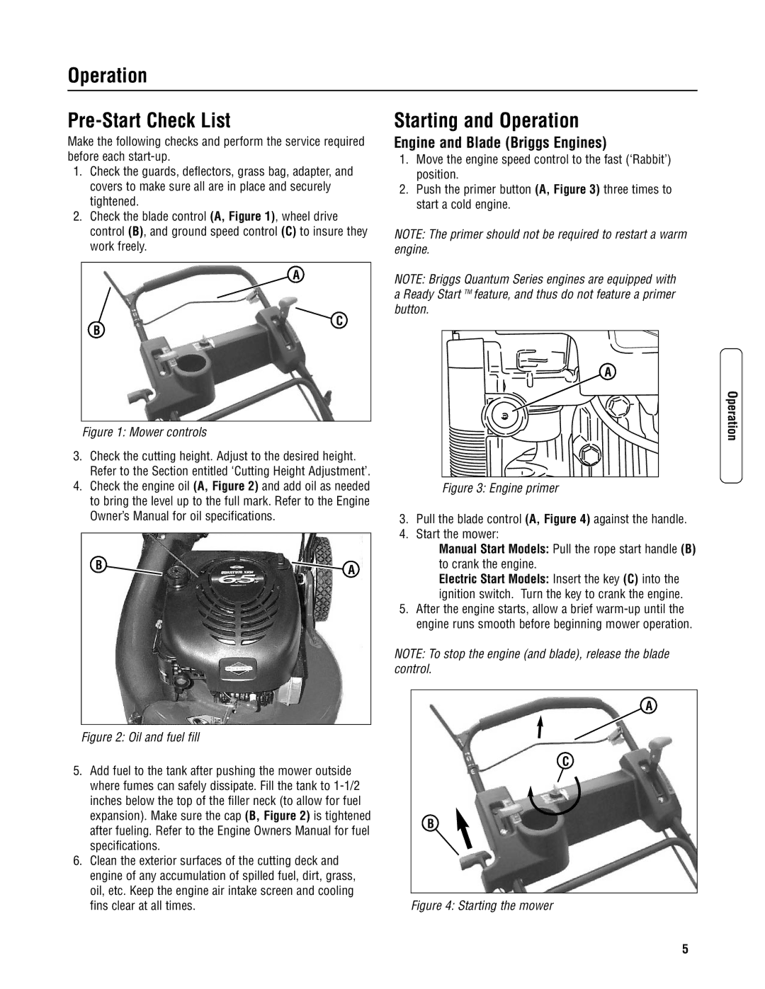 Snapper 2167519B specifications Operation Pre-Start Check List, Starting and Operation, Engine and Blade Briggs Engines 