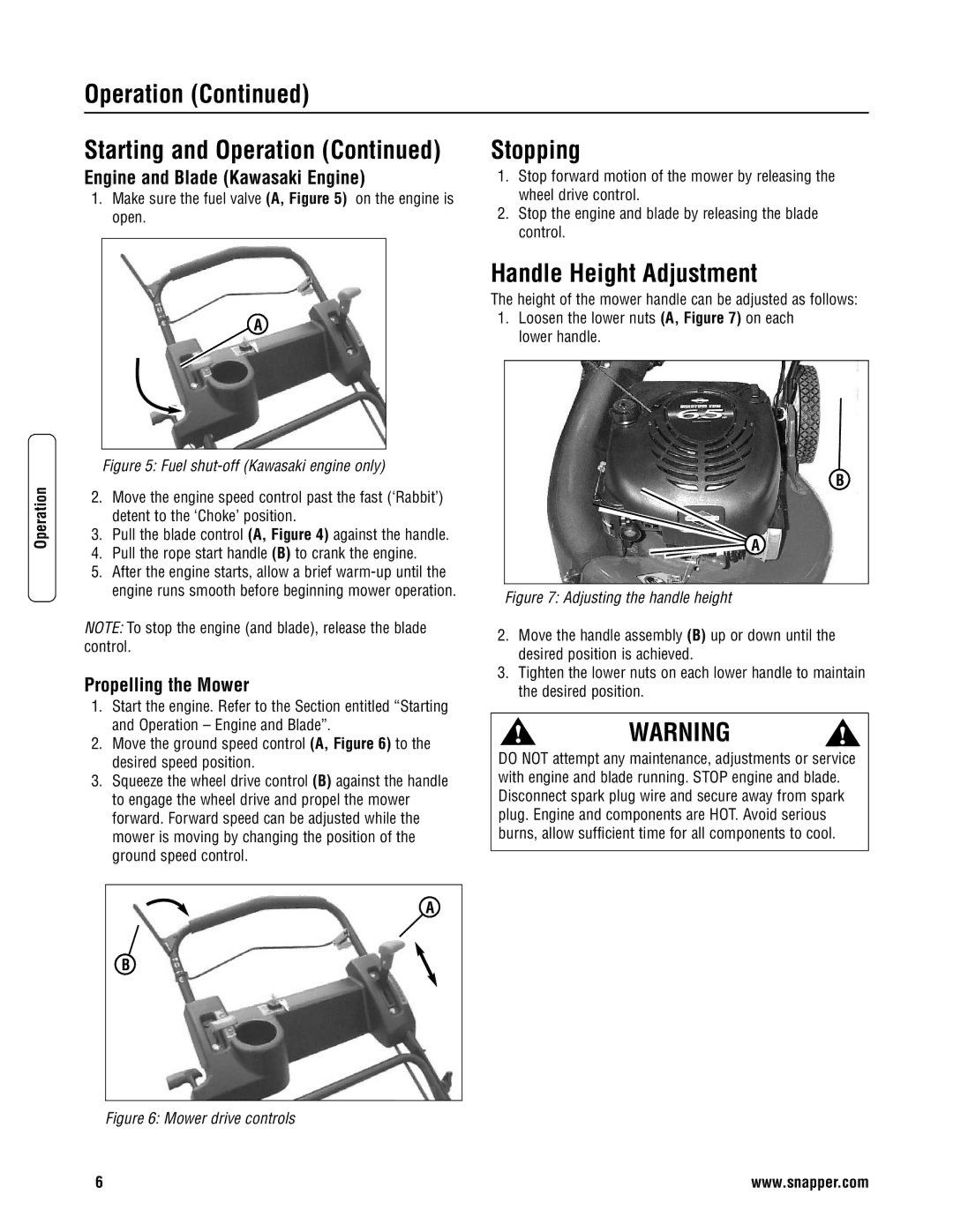 Snapper 2167519B Operation, Stopping, Handle Height Adjustment, Engine and Blade Kawasaki Engine, Propelling the Mower 