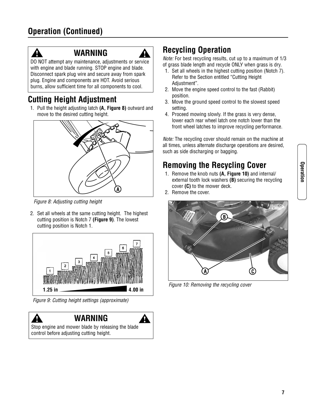 Snapper 2167519B specifications Cutting Height Adjustment, Recycling Operation, Removing the Recycling Cover 