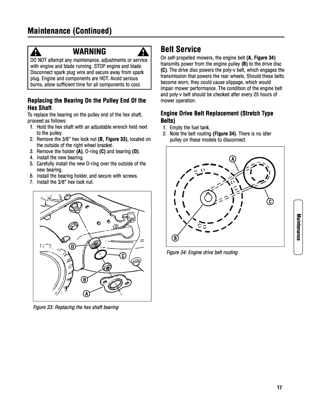 Snapper 2167519B Belt Service, Replacing the Bearing On the Pulley End Of the Hex Shaft, Engine drive belt routing 