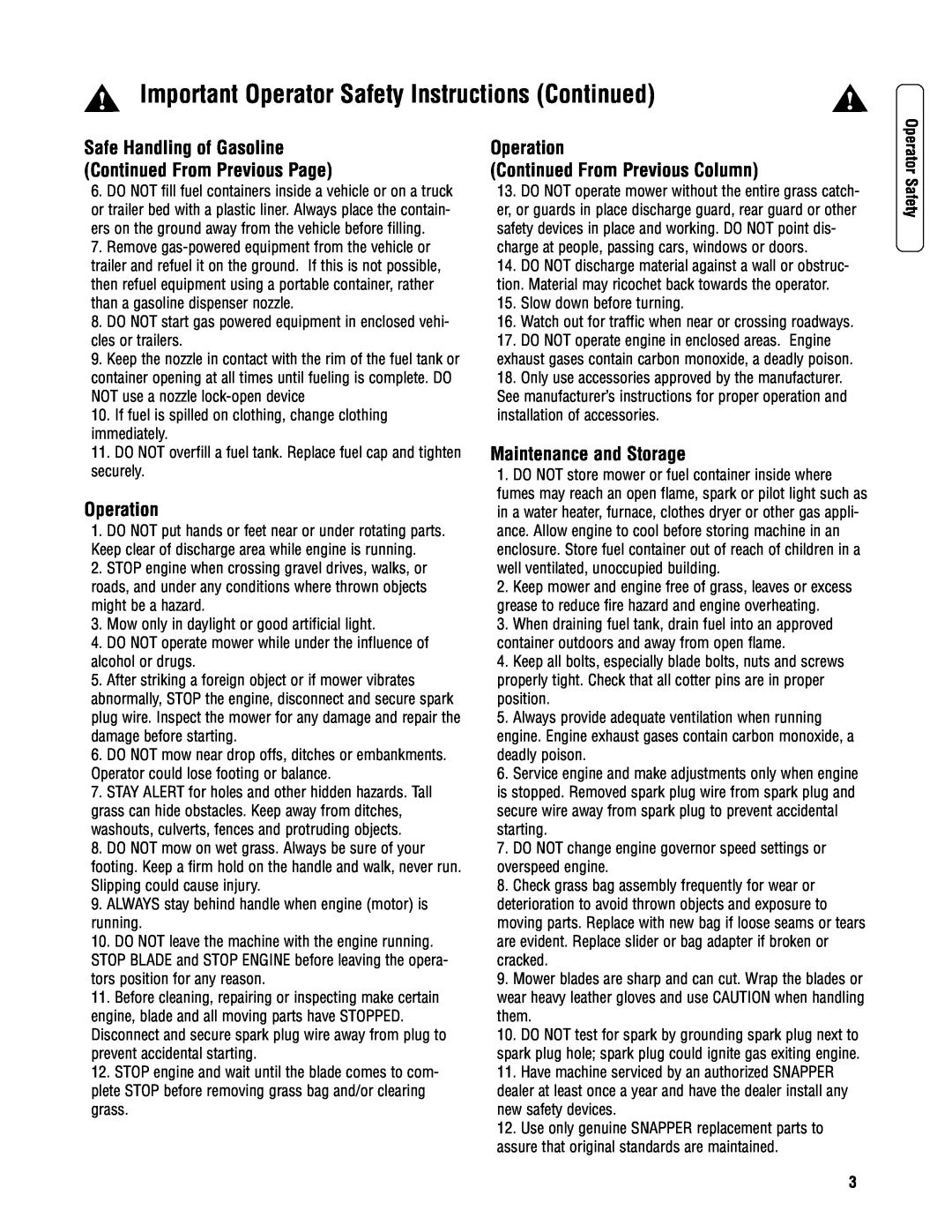 Snapper 2167519B Important Operator Safety Instructions Continued, Safe Handling of Gasoline Continued From Previous Page 