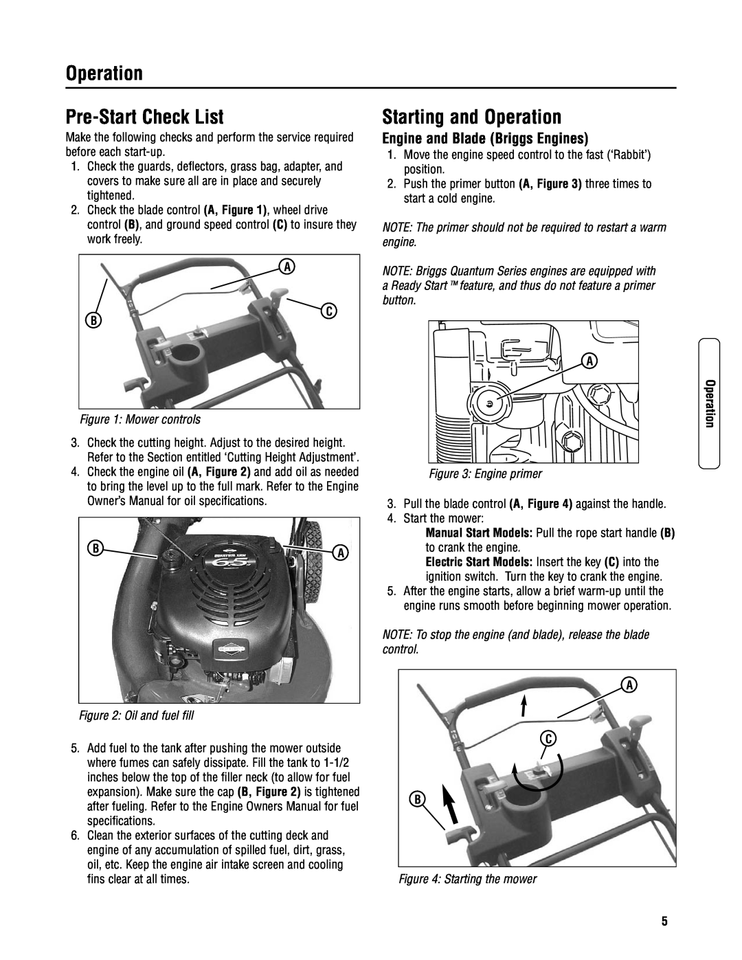 Snapper 2167519B Pre-Start Check List, Starting and Operation, Engine and Blade Briggs Engines, Mower controls 