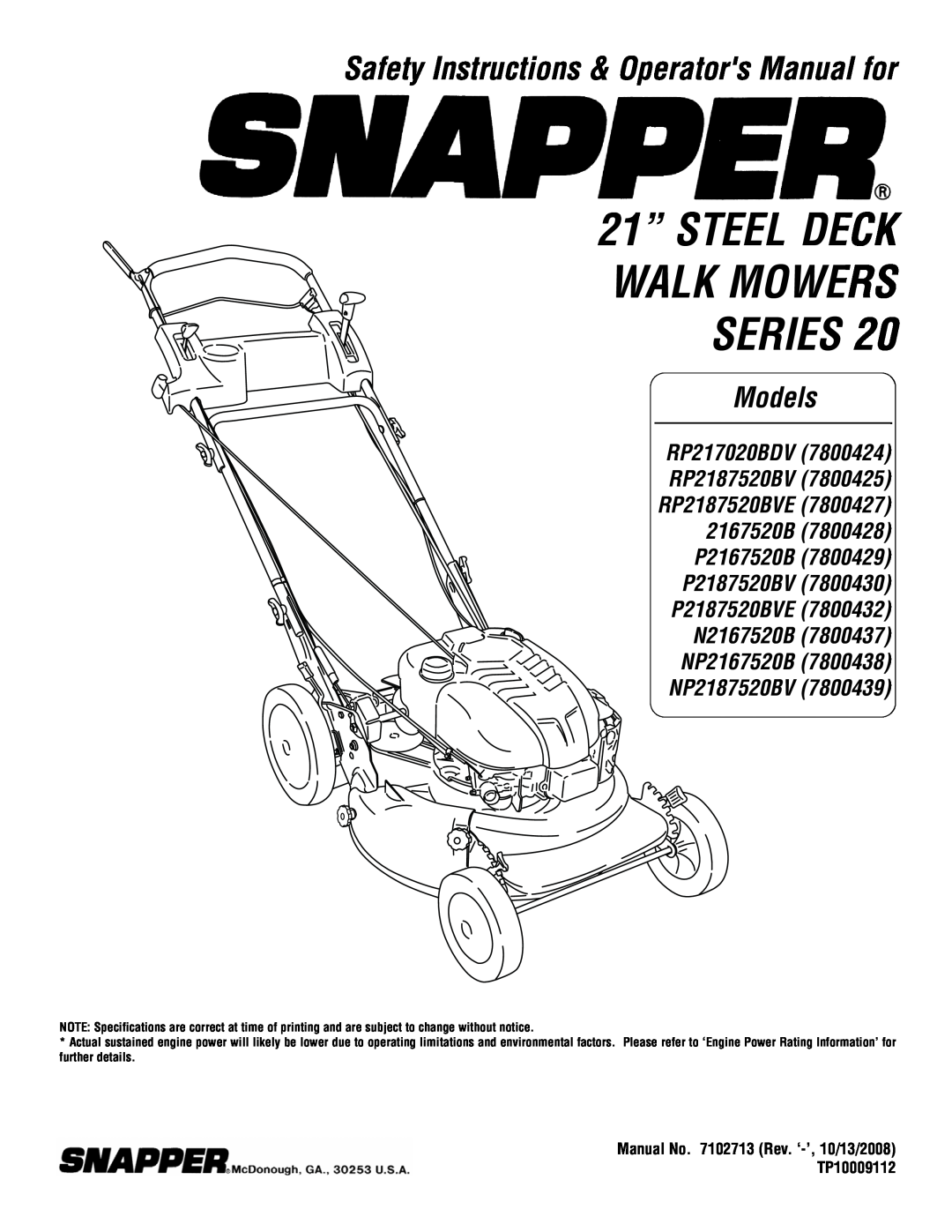 Snapper P2167520B (7800429) specifications 21” STEEL DECK WALK MOWERS SERIES, Safety Instructions & Operators Manual for 