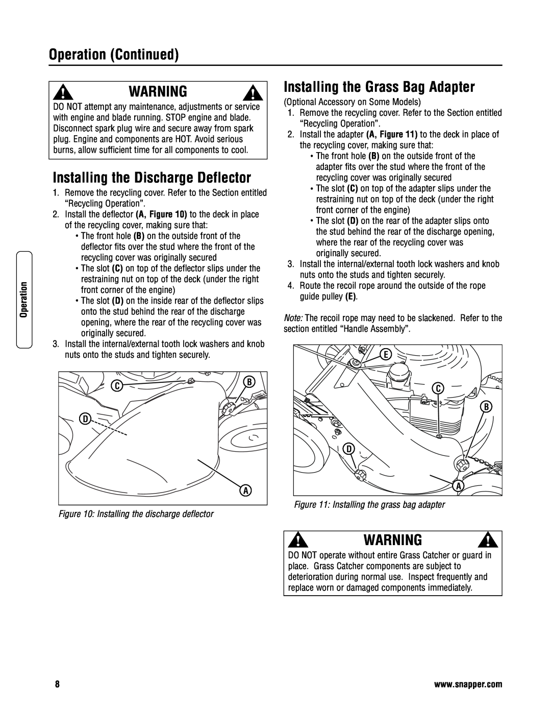 Snapper 2167520B (7800428) Installing the Discharge Deflector, Installing the Grass Bag Adapter, Operation Continued 