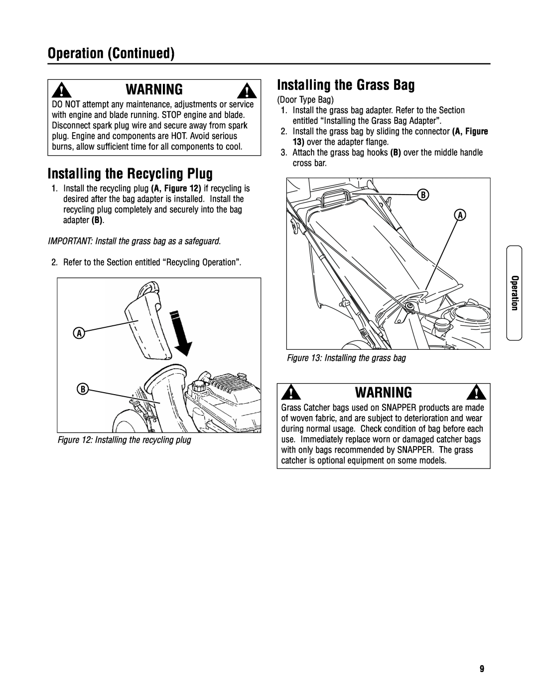 Snapper P2167520B (7800429) specifications Installing the Recycling Plug, Installing the Grass Bag, Operation Continued 