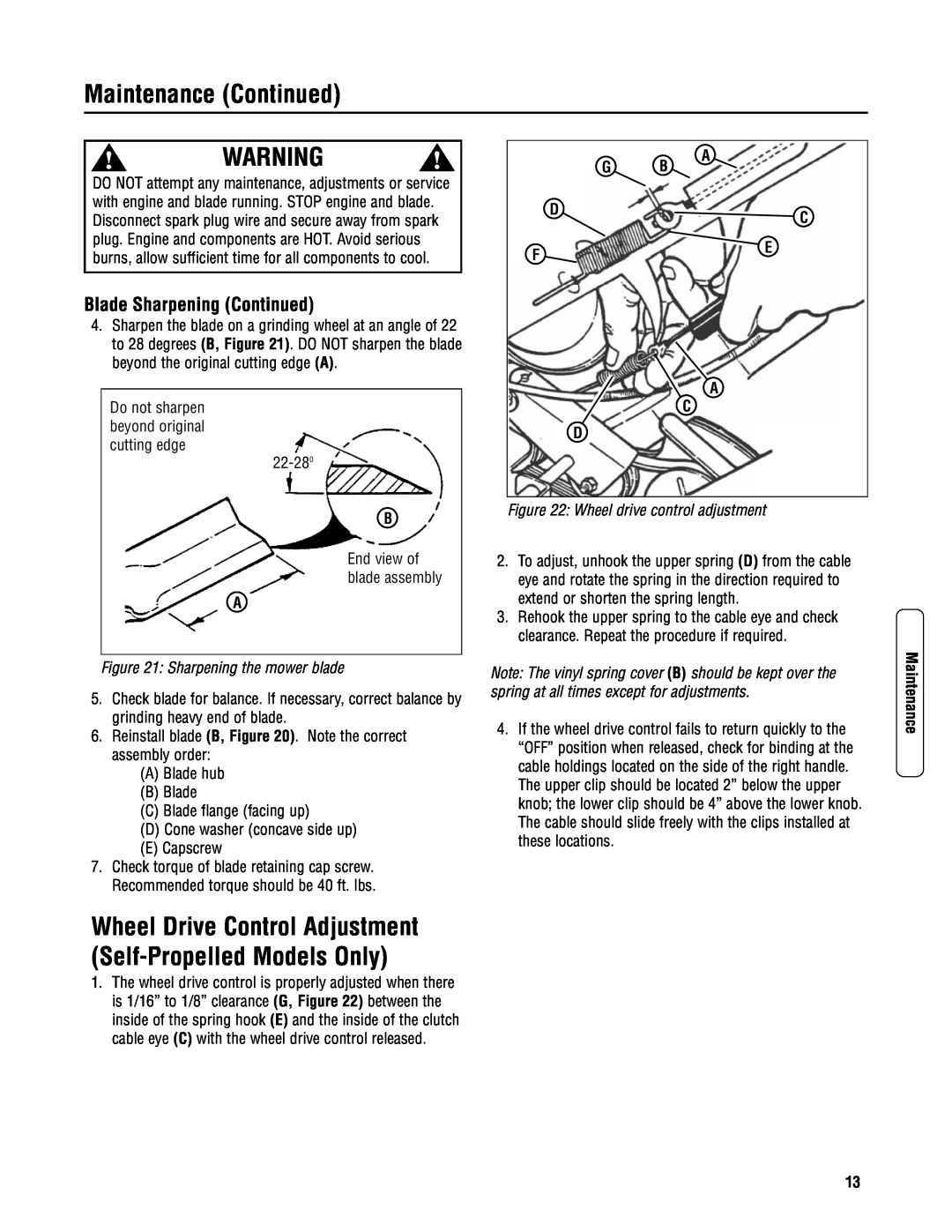 Snapper N2167520B (7800437) specifications Blade Sharpening Continued, Maintenance Continued, Sharpening the mower blade 