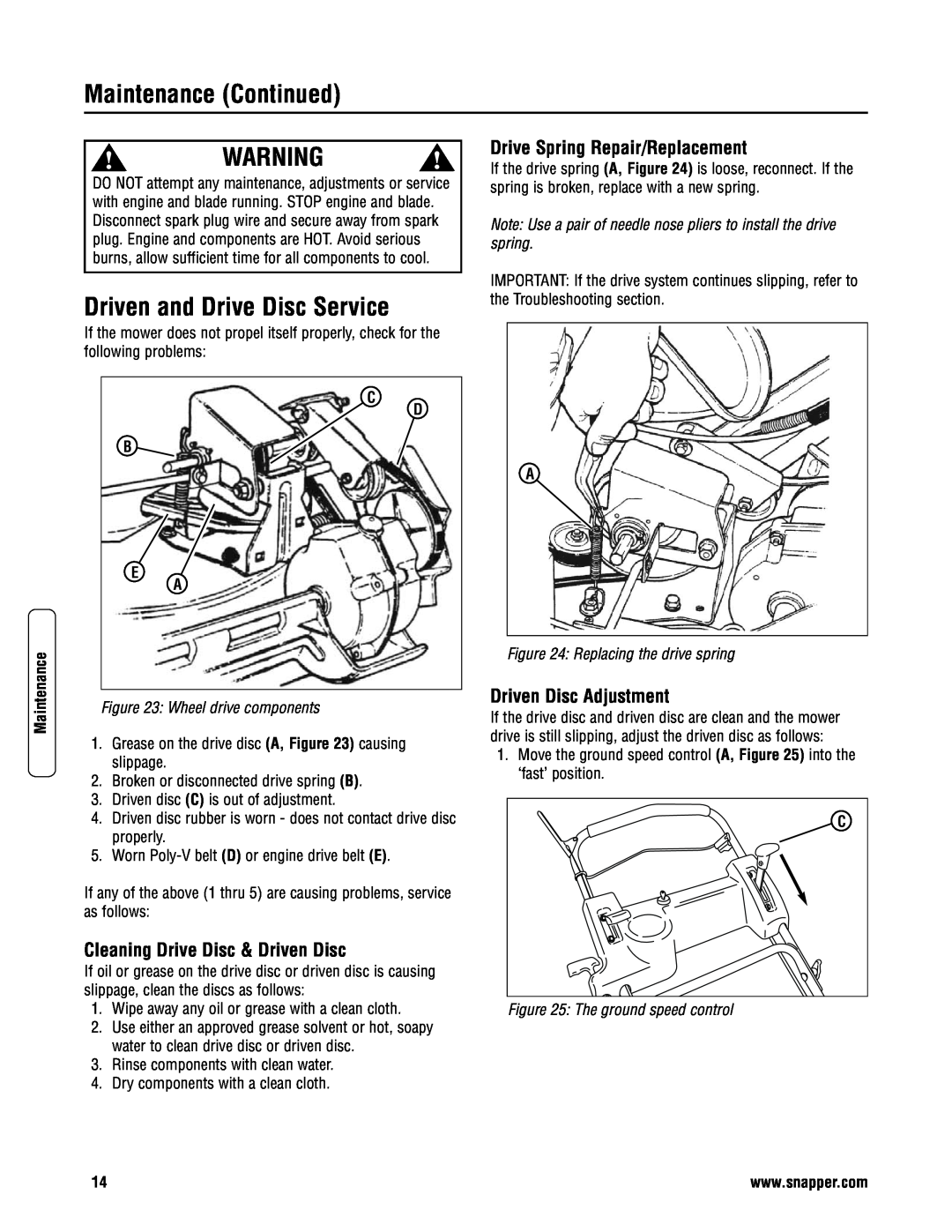 Snapper NP2187520BV (7800439) Driven and Drive Disc Service, Cleaning Drive Disc & Driven Disc, Driven Disc Adjustment 