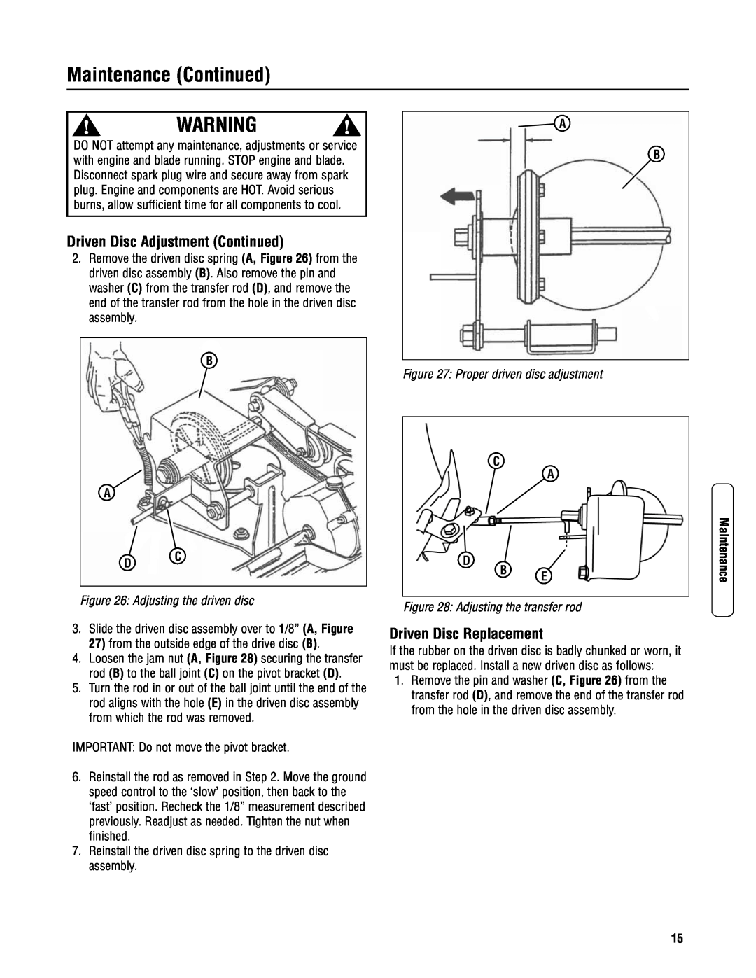 Snapper RP2187520BVE (7800427) Driven Disc Adjustment Continued, Driven Disc Replacement, Maintenance Continued, C A D B E 